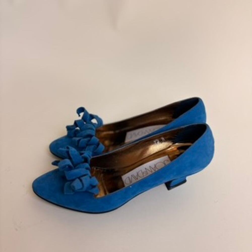 Joan & David Blue Suede Bow Pumps - Made in Italy, Ruffled Kitten Heel, Size 7.5 - Picture 4 of 9